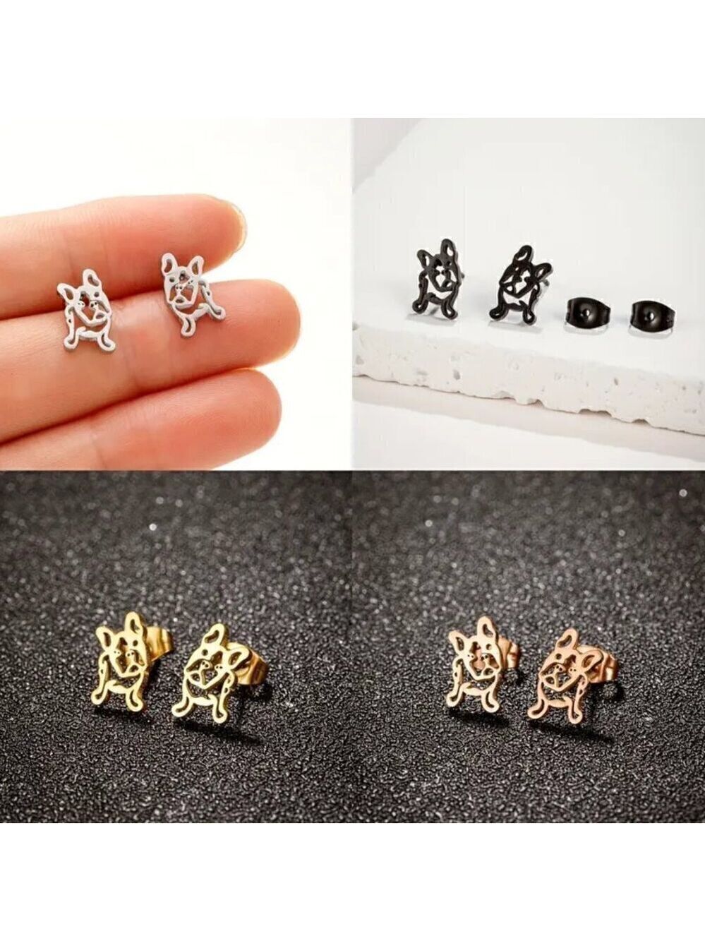 Frenchie Pup Face Tilted Head Stainless Steel Stud Earrings #1366